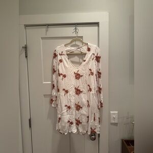 Free People Cream and Brown Floral Long Sleeve Dress